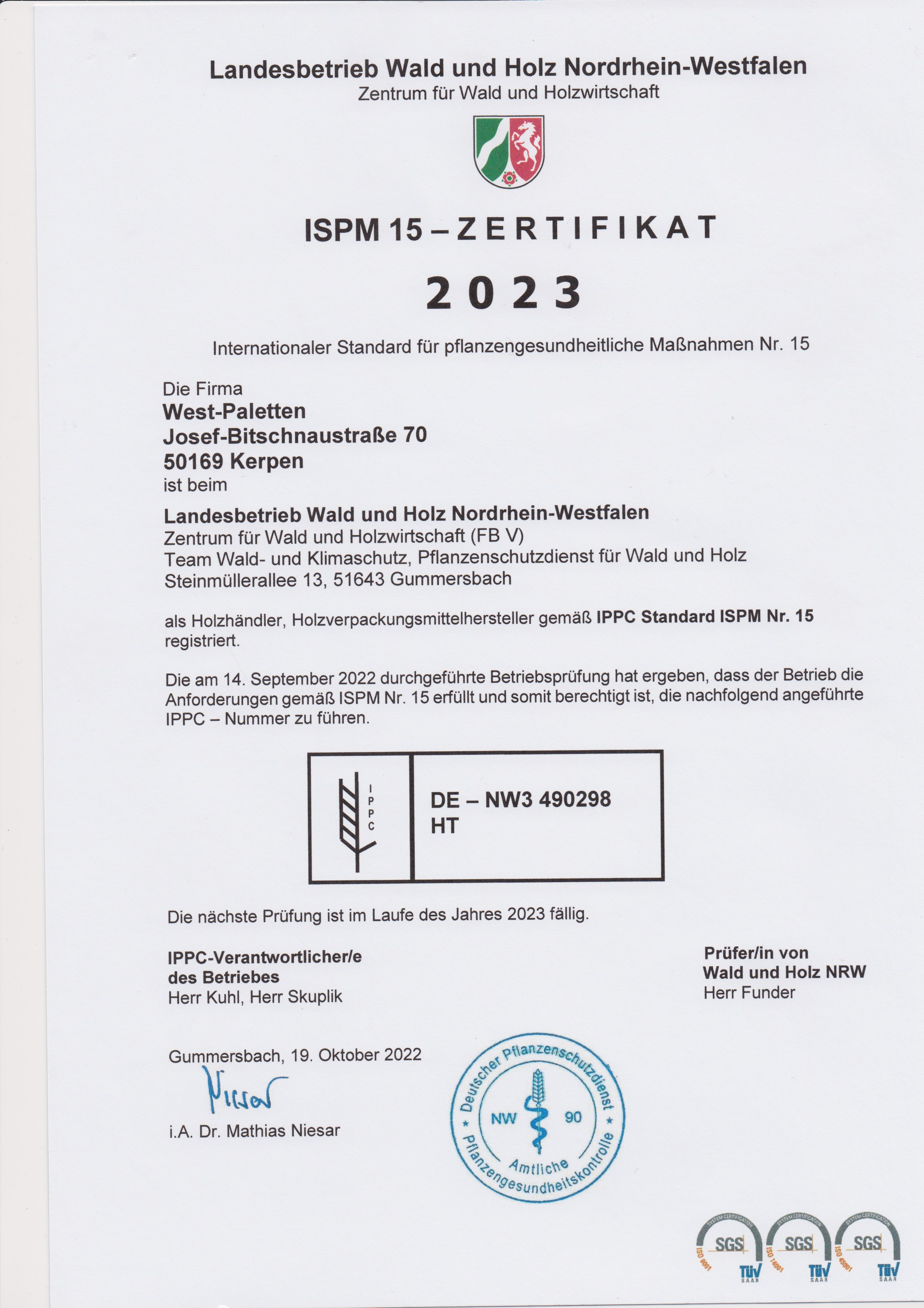 ISPM 15 - Zertifkat Wset Paletten Kerpen