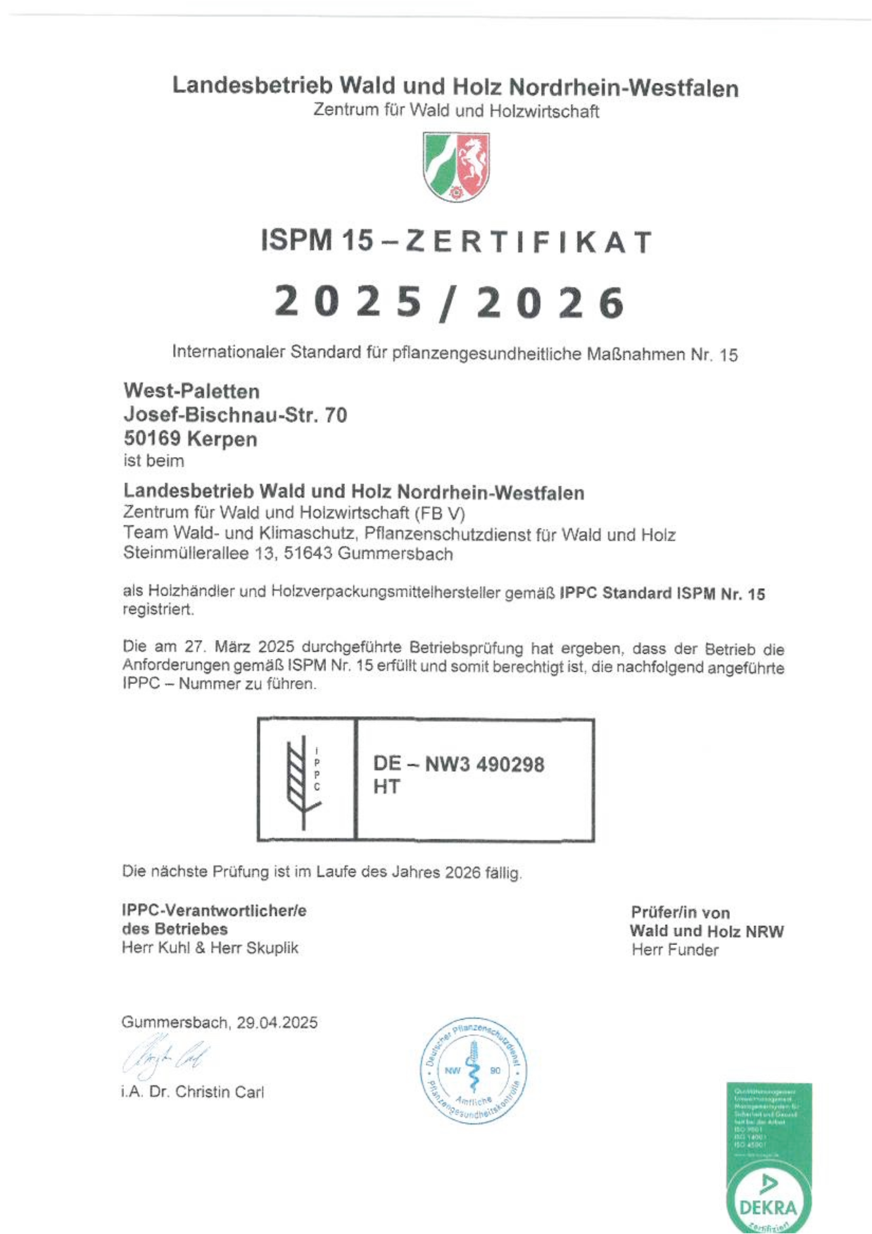ispm 15 Zertifikat, West Paletten, Ewald Kuhl, Kerpen, deutsch