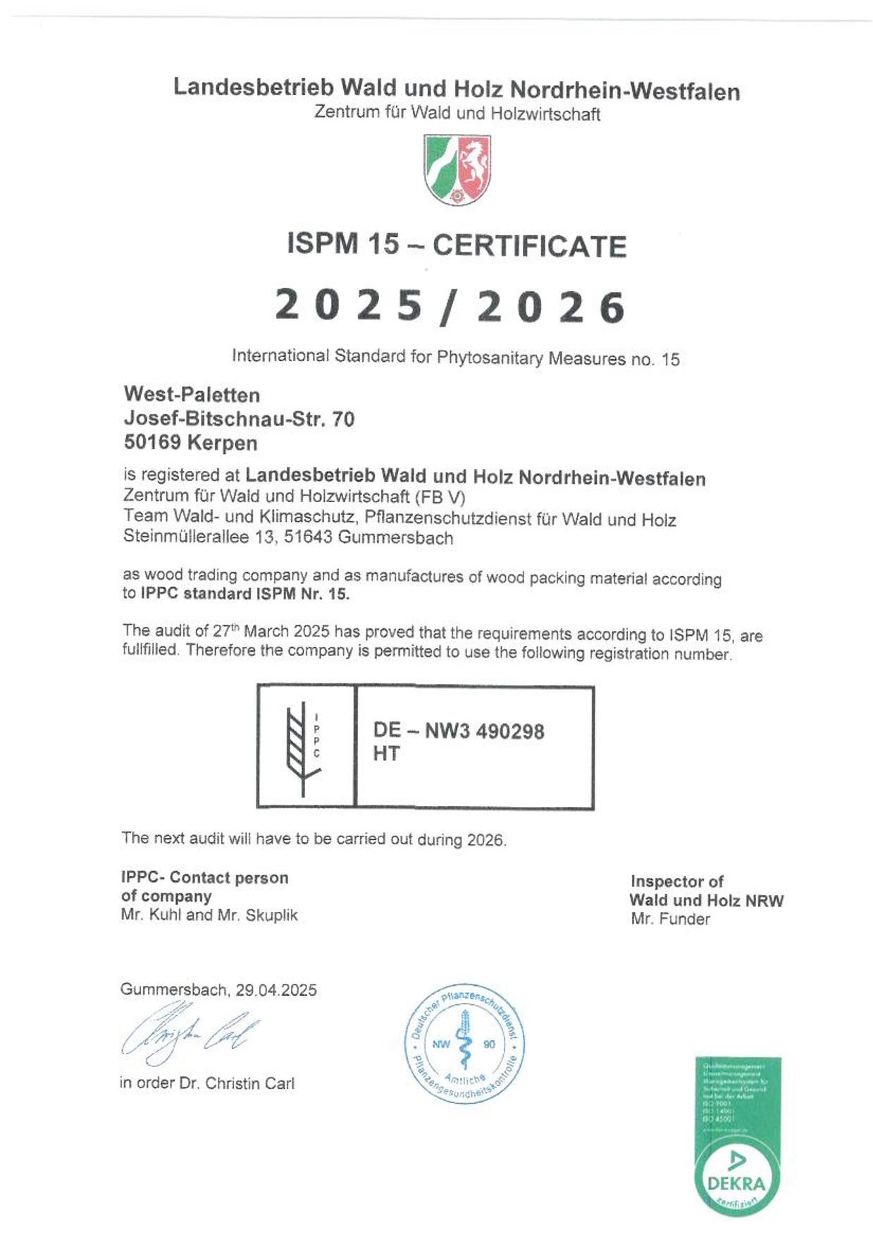 ispm 15 Zertifikat, West Paletten, Ewald Kuhl, Kerpen, englisch